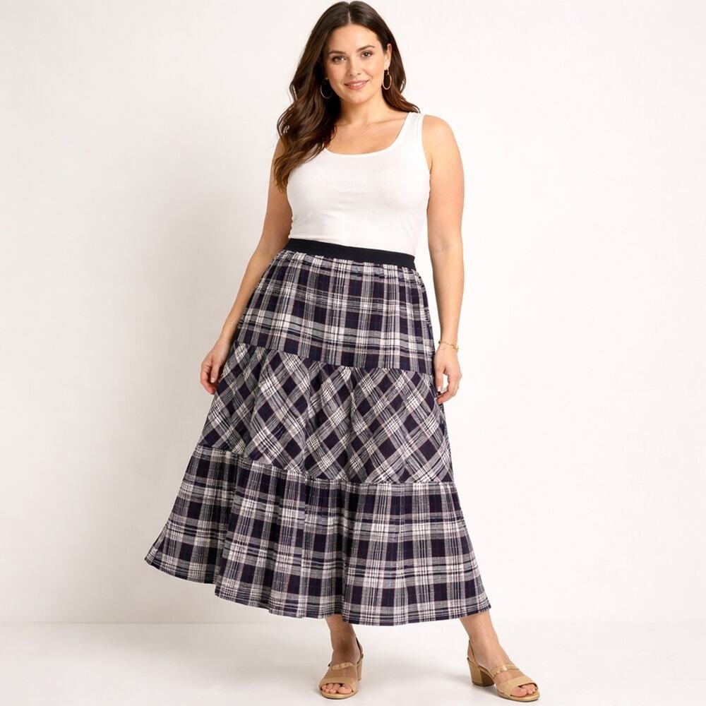 Persona by Marina Rinaldi Linen Plaid Midi Skirt US 16 NWOT Navy Oxblood